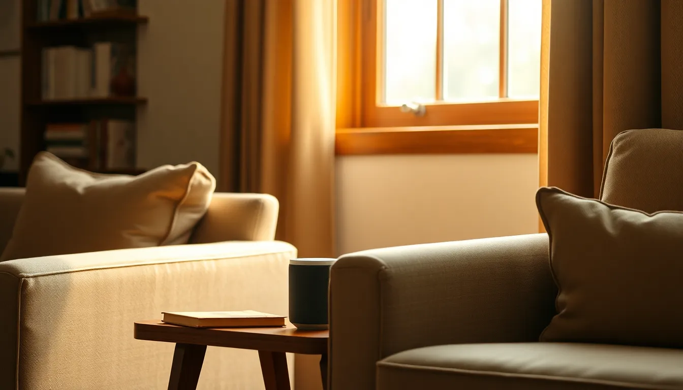 2025년 스마트홈, AI 스피커 활용법 1 스마트홈 환경에서 AI 스피커를 활용하여 조명, 에어컨 등 가전제품을 제어하는 모습