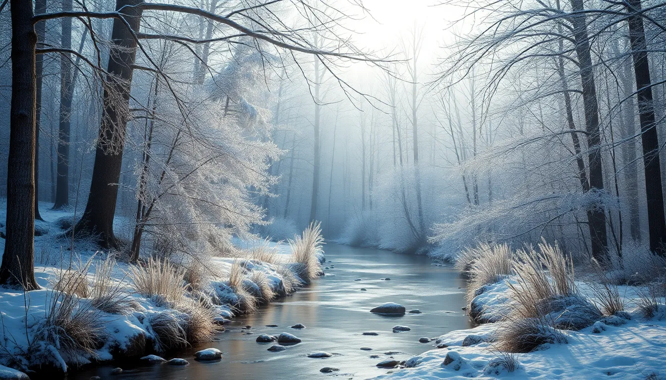 눈 덮인 산과 푸른 하늘, 따뜻한 햇살이 비치는 겨울 풍경
