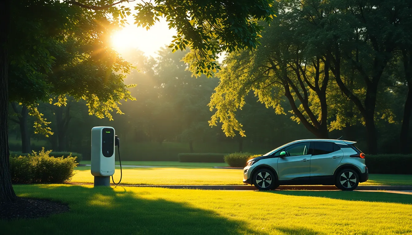 전기차 충전소와 전기차 이미지, 친환경 에너지 사용을 상징합니다.