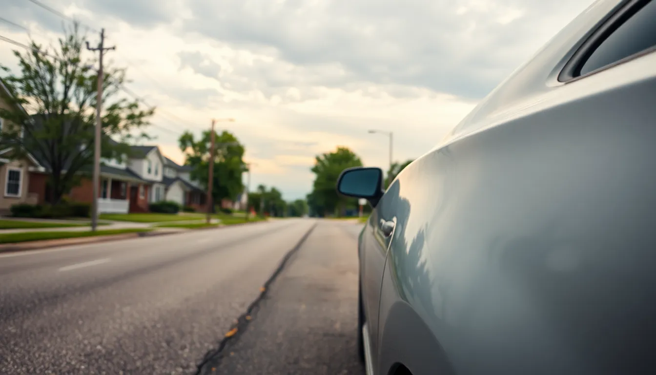 자동차 사고 현장에서 침착하게 보험사에 연락하는 운전자 모습