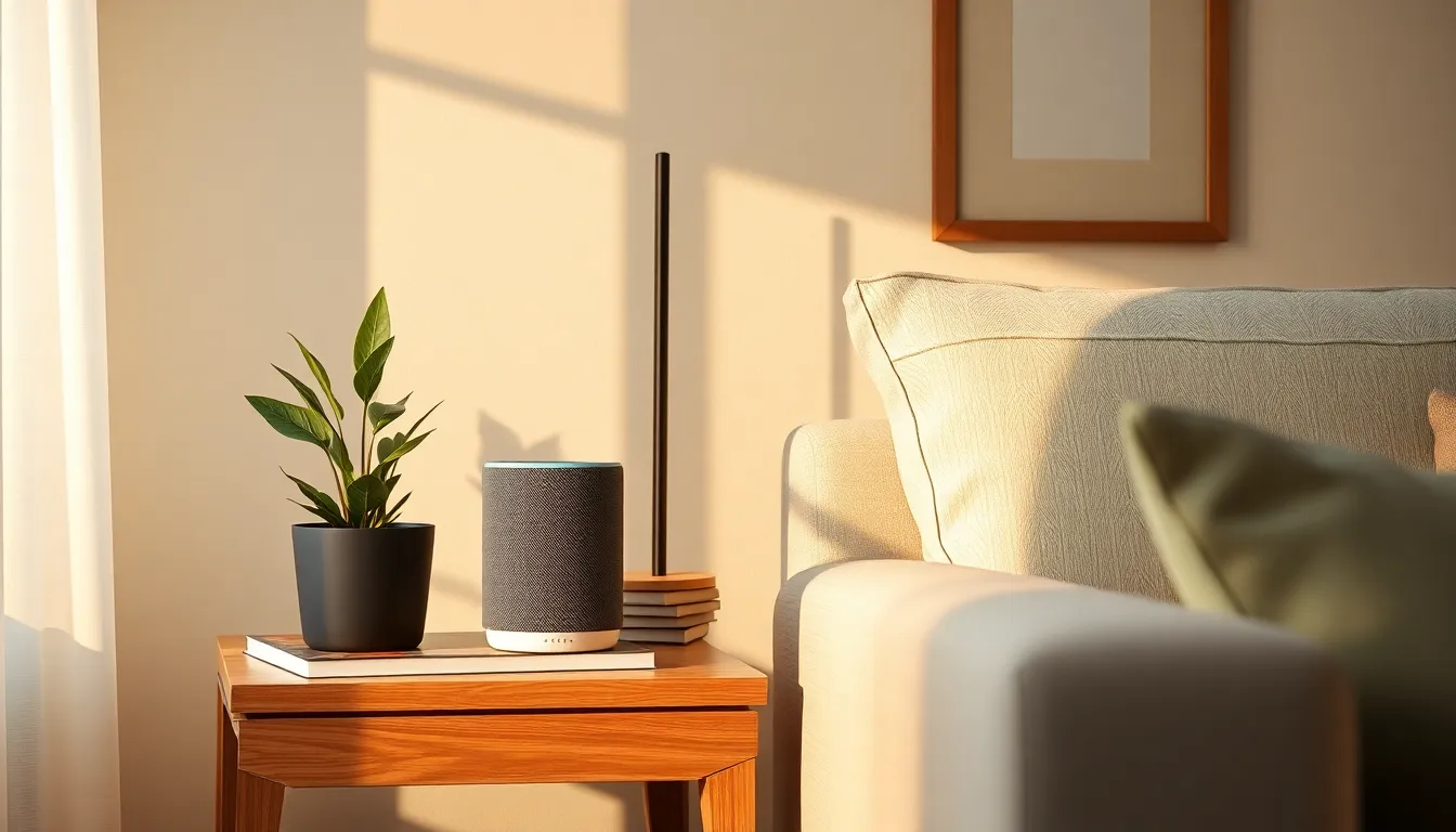 미래형 스마트홈 인테리어와 AI 스피커가 조화된 모습