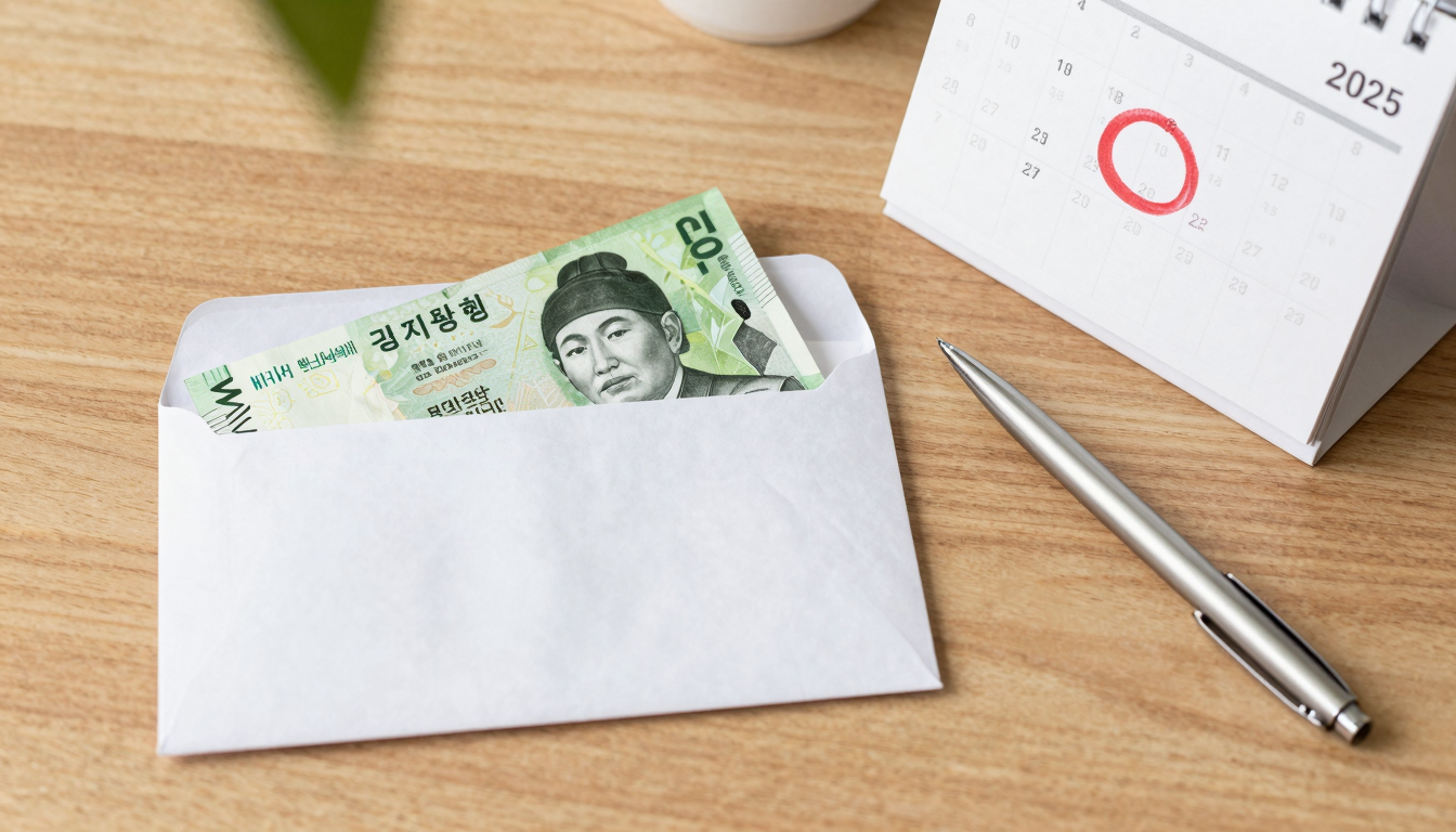 달력에 표시된 지급일과 봉투 속 현금이 놓인 책상 이미지로 퇴직금 지급 기한의 중요성을 상징