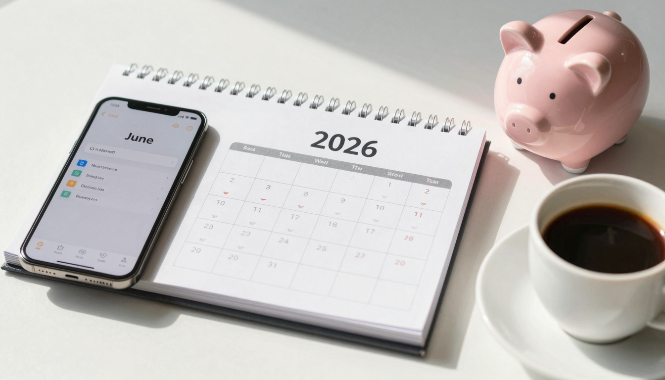 2026년 6월 달력과 스마트폰 뱅킹 화면, 저금통이 놓인 책상의 아침 풍경