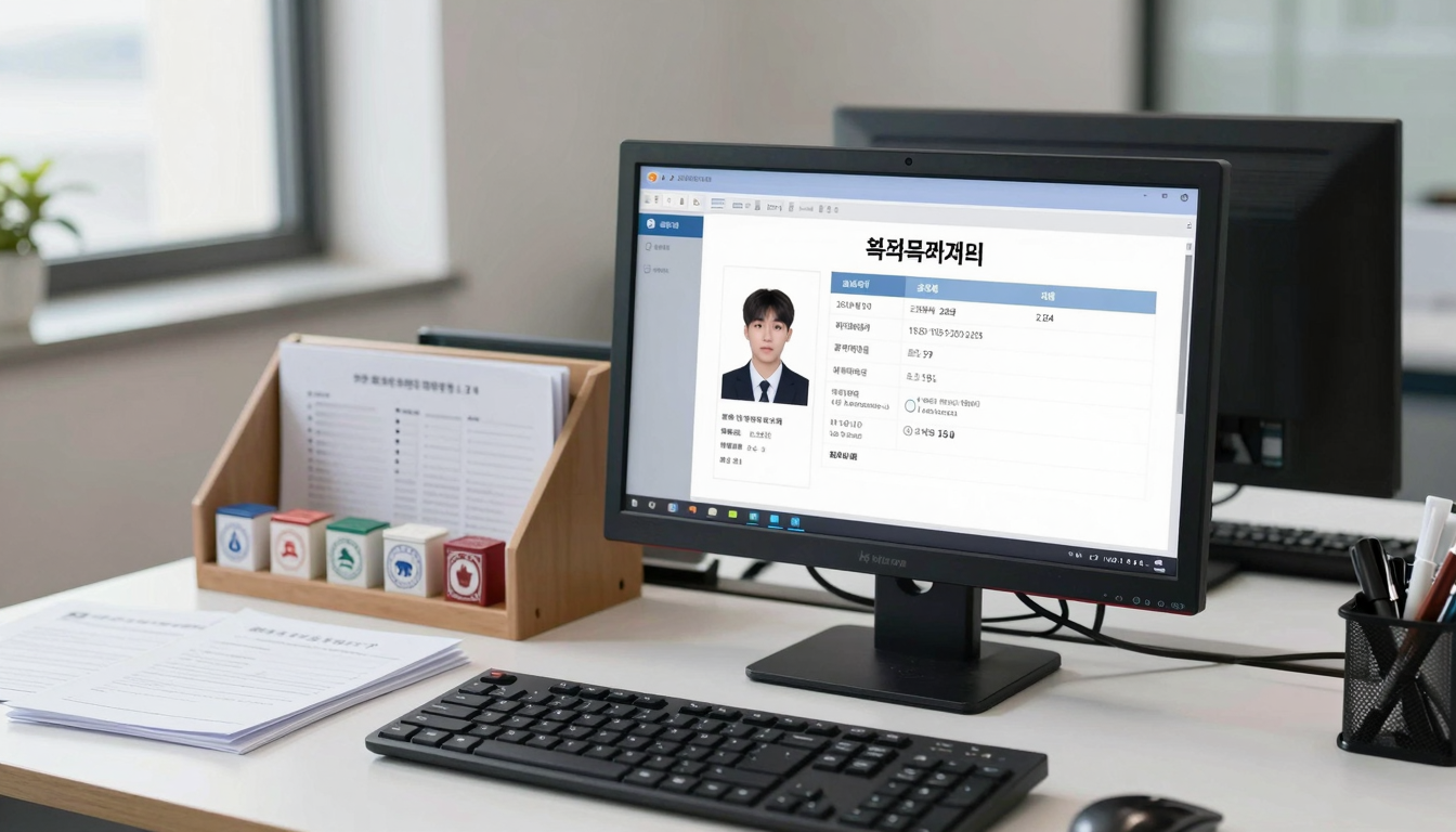 정부 사이트에서 자동차 등록원부를 조회하는 컴퓨터 화면과 책상 위 서류들