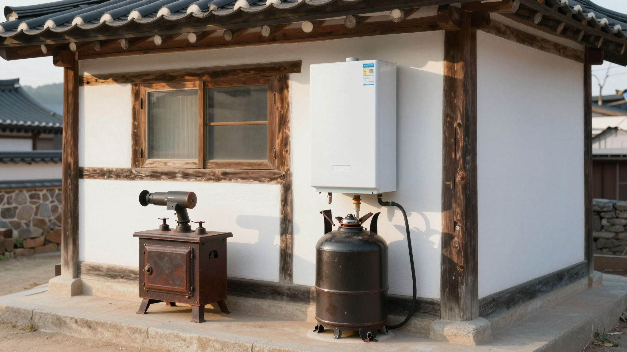 연탄보일러가 철거되고 LPG 보일러가 새로 설치된 주택 외부 모습, 청명한 아침 분위기