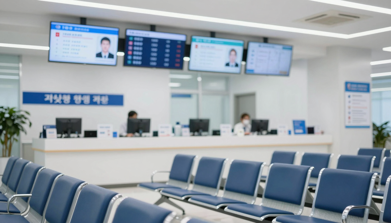 쾌적하고 정돈된 운전면허시험장 민원실 내부에 마련된 대기 공간과 안내 화면 모습