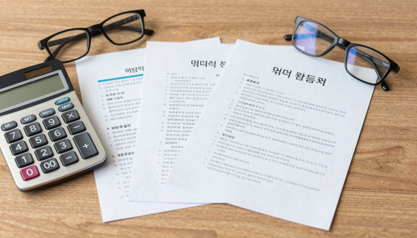 유족연금과 중복급여 조정 개념을 설명하는 서류와 계산기 이미지