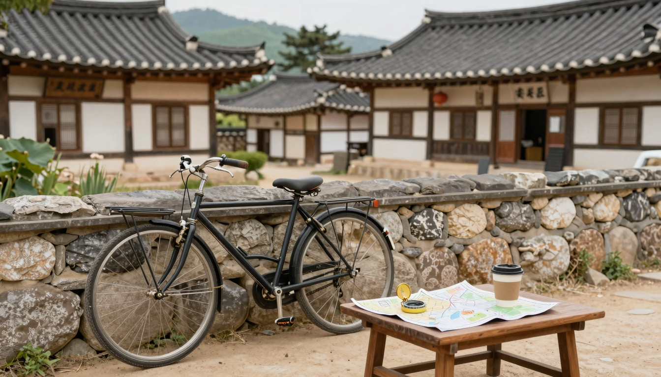 한옥 마을 앞 자전거와 여행 지도가 놓인 테이블, 근로자 휴가비 지원 여행을 연상시키는 풍경