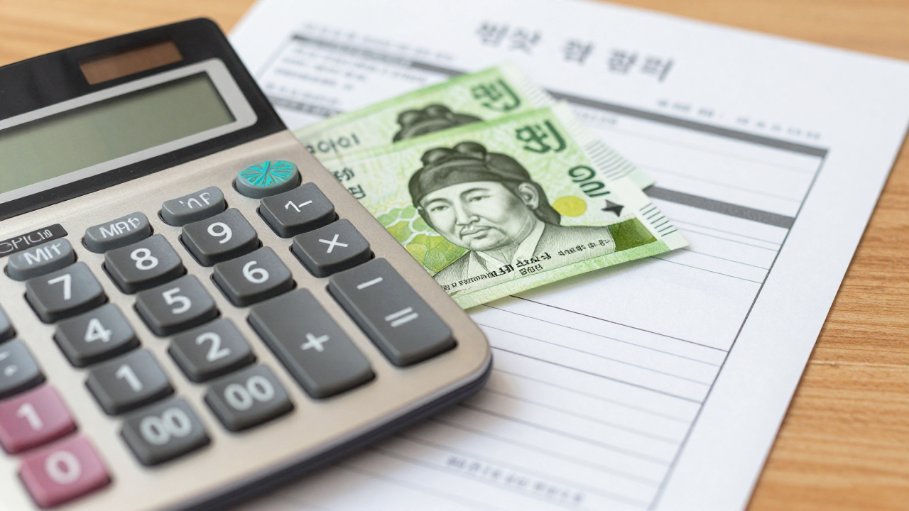 계산기와 한국 원화 지폐, 대출 관련 서류가 놓인 책상