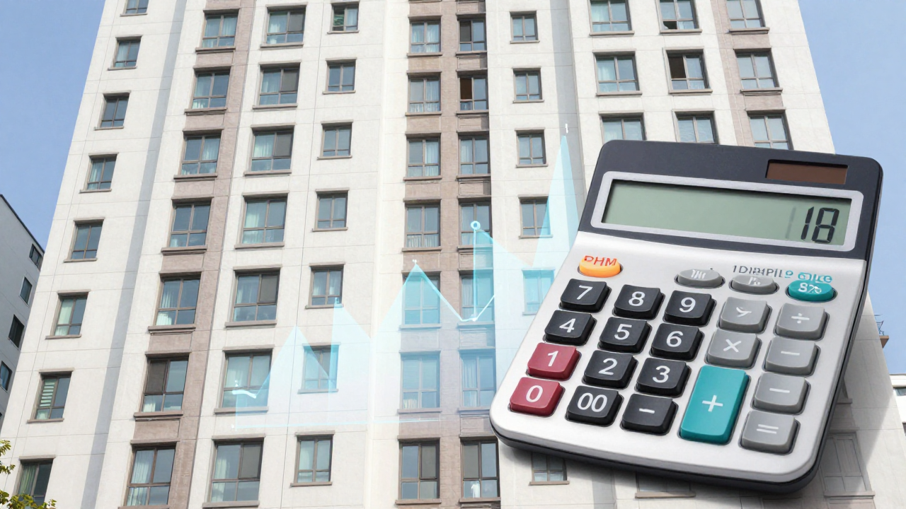 아파트 단지와 대출 계산 그래프를 합성한 주택담보대출 비교 콘셉트 이미지