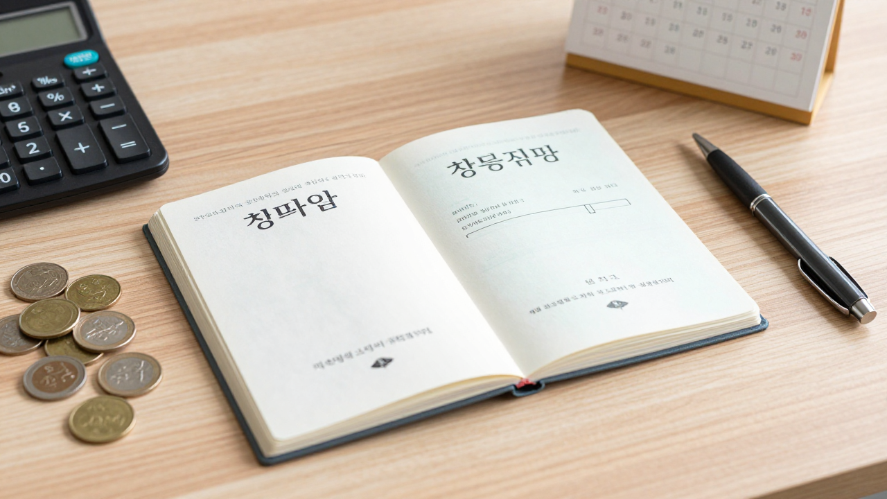 나무 탁자 위에 놓인 저축 통장, 계산기, 동전, 펜 그리고 날짜가 동그라미 친 작은 달력의 사진