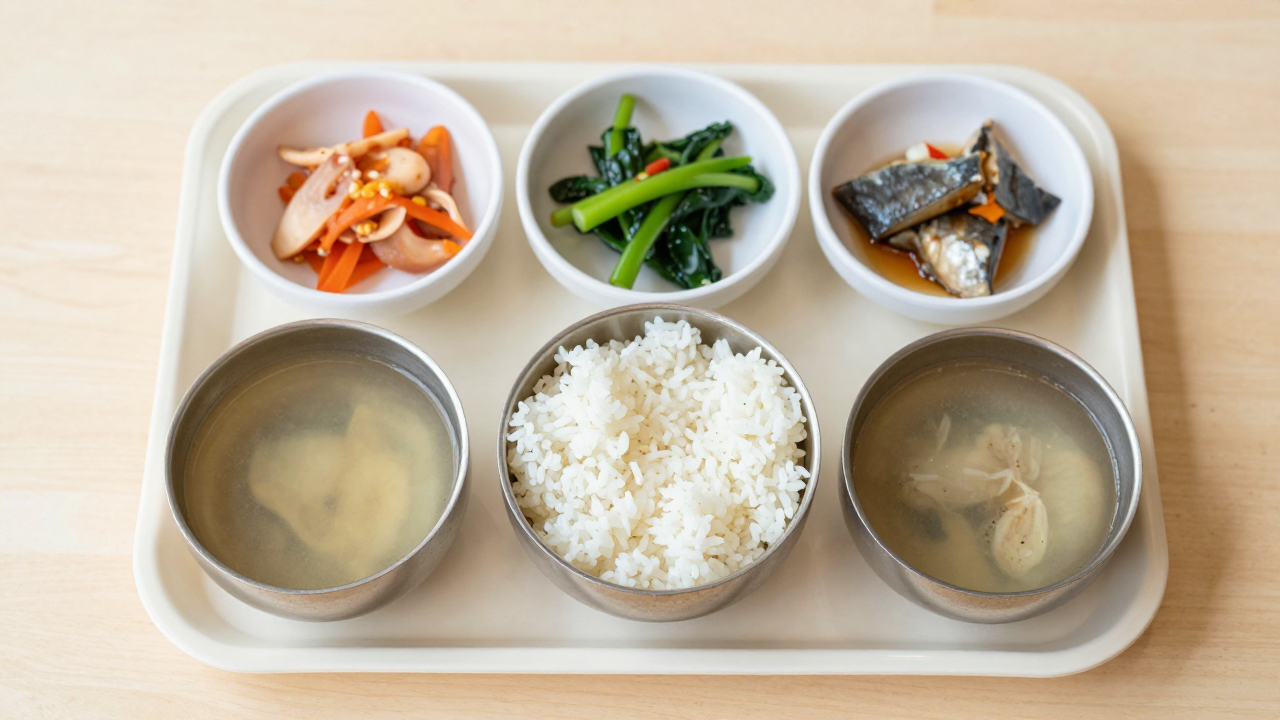 어린이집 급식 식판에 담긴 밥, 국, 다양한 반찬들